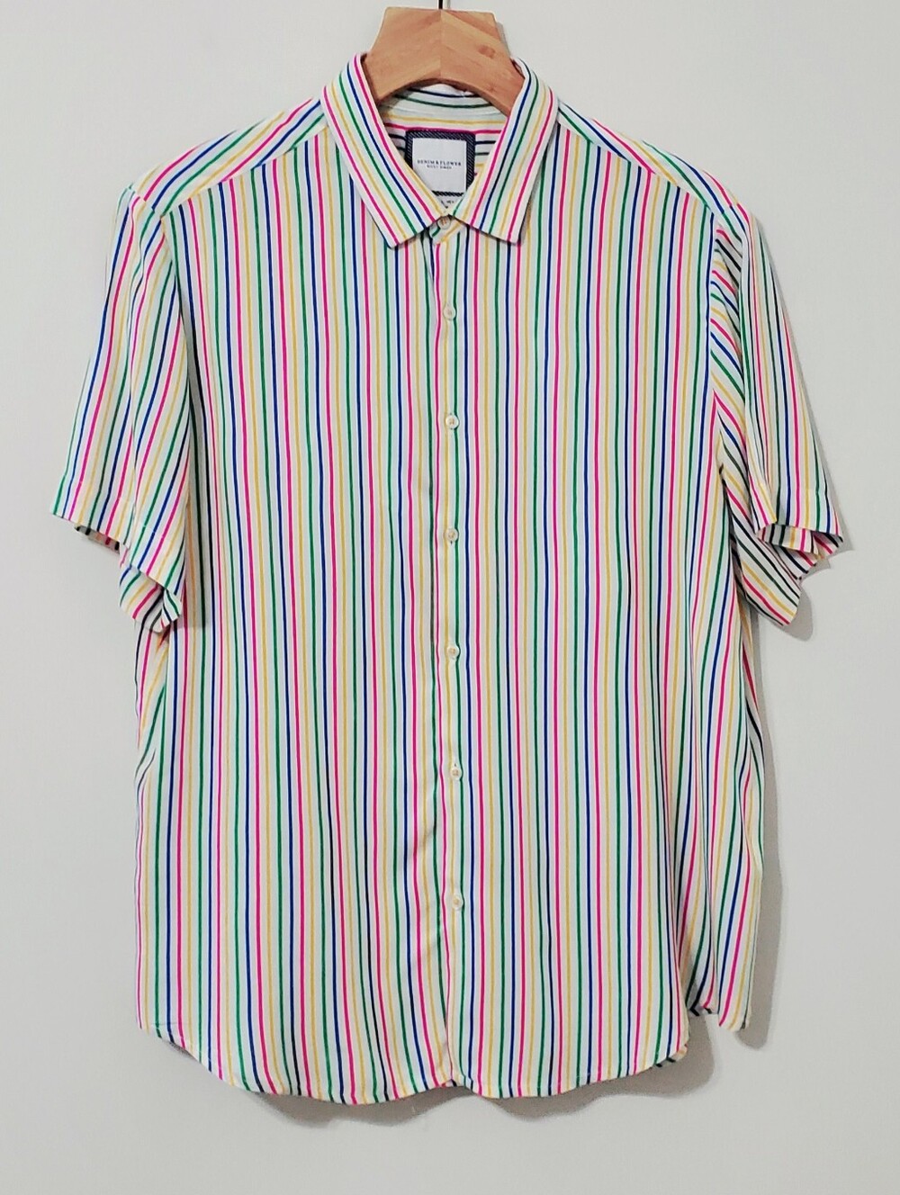 Denim & Flower Rainbow Stripe Short Sleeve Button Down Shirt Mens Large - Picture 1 of 6